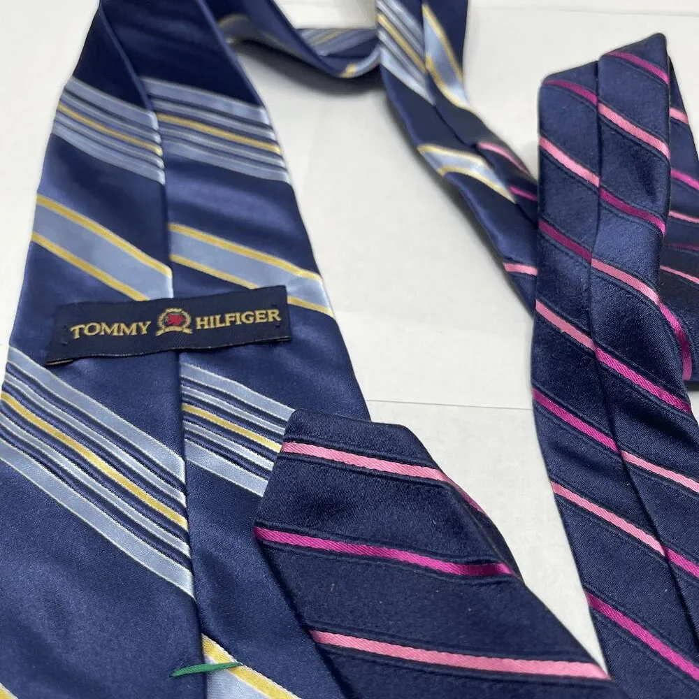 Vintage Tommy Hilfiger‎ 100% Silk Blue Yellow Striped Tie Preppy 90s